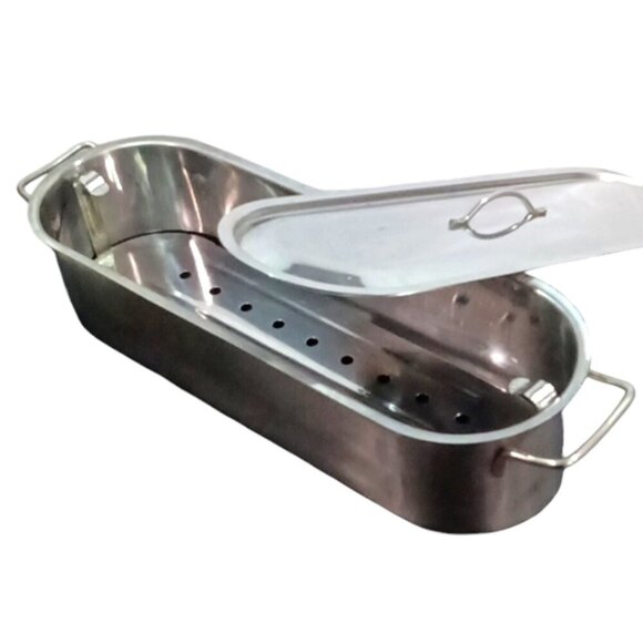 Large Stainless Steel Salmon Fish Poacher with 2 Handles, Rack and Lid 20'' Long - Picture 2 of 5